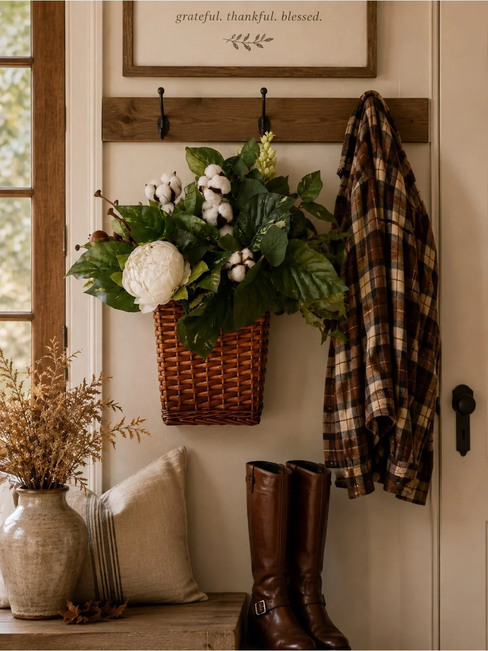 Handmade Wicker Wall Basket Faux Cotton Peony Botanical Floral Decor